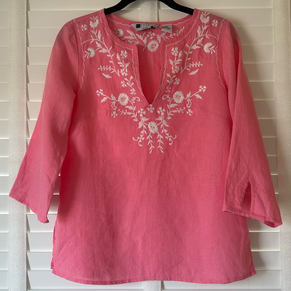 Carole Little Pink Linen Top with White Embroidery Petite Small
